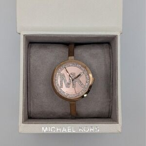 Michael Kors Jaryn Watch Women Rose Gold MK-3631 Crystal Logo Bangle Box